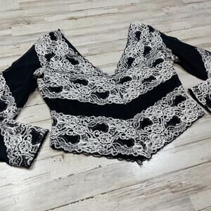 Boston Proper Black Lace Net Deep V Neck Back Shirt Top Pullover Size XL C101988